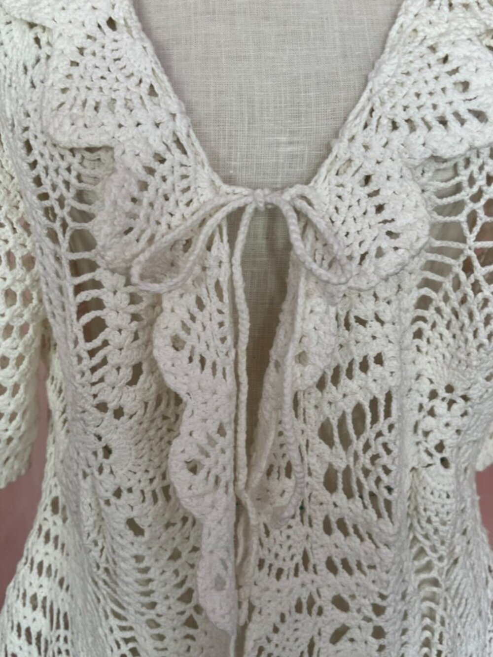 100% Cotton Crochet Cardigan XL Cream Knit Tie Front Boho Sweater - Picture 2 of 5